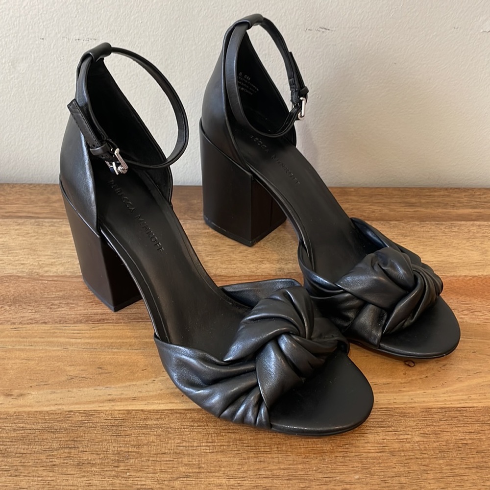 Rebecca Minkoff Black Knotted Leather Block Heel Sandals